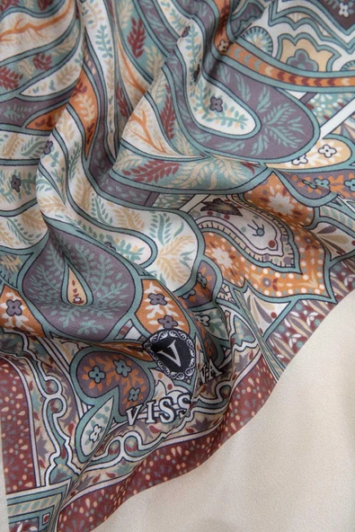 %100 İpek Etnik Desenli Sütlükahve Renkli 92x210 Şal - Resim 3