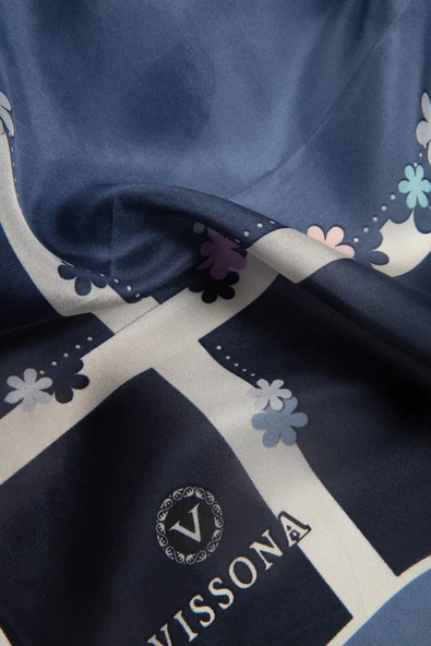 %100 İpek Çiçek Desenli İndigo Renkli 92x210 Şal - Resim 3