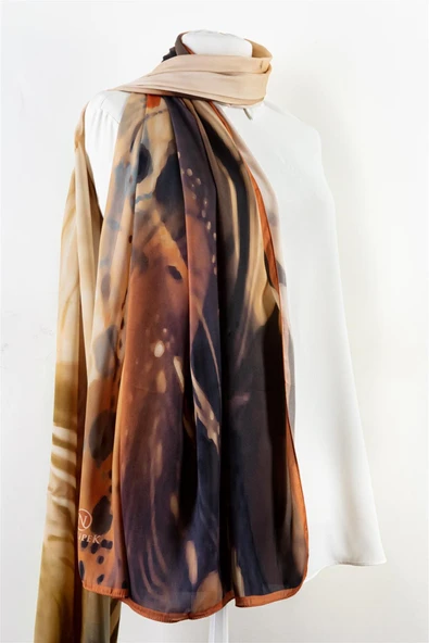 SÜVARİ ŞAL SOYUT DESENLİ SOMON RENKLİ 75X210 ŞAL İTALYAN DİKİŞLİ - Resim 2