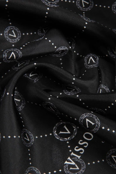 % 100 İpek V Logo Desenli Siyah - Krem Renkli 90x210 Şal - Resim 2