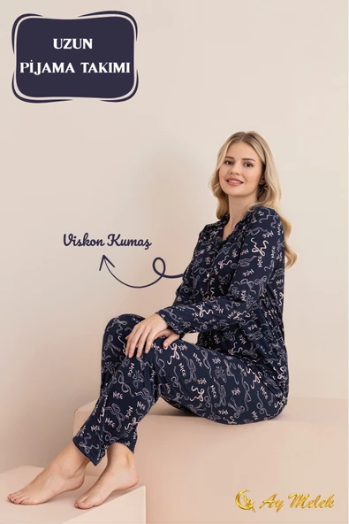 Kadın Pijama Takımı Desenli Pamuklu Polo Yaka Takım - Resim 6