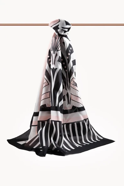 %100 İpek Yelpaze Desenli Pudra - Siyah Renkli 92x210 Şal - Resim 2