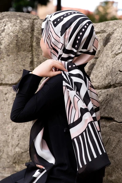 %100 İpek Yelpaze Desenli Pudra - Siyah Renkli 92x210 Şal ürün görseli