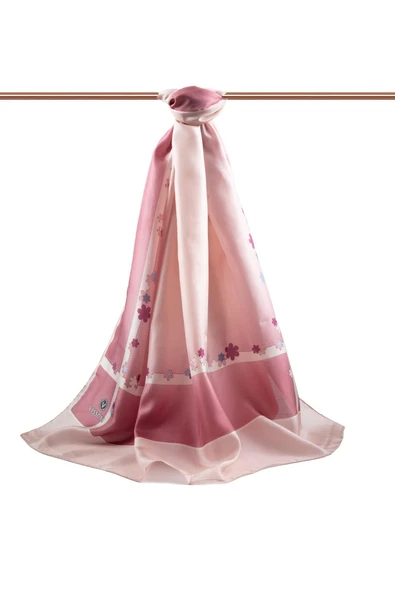 %100 İpek Çiçek Desenli Pudra Renkli 92x210 Şal - Resim 2
