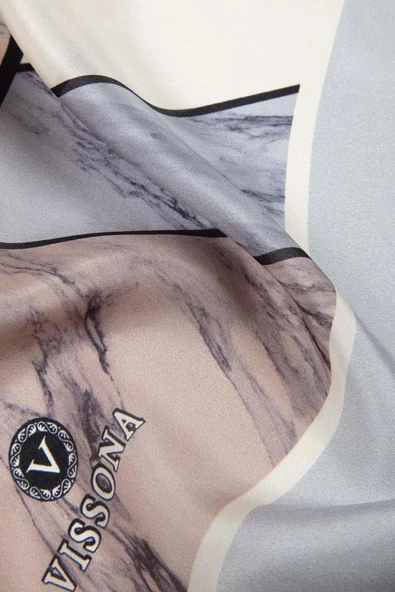 100% İPEK MERMER DESENLİ BEJ - GRİ RENKLİ ŞAL - Resim 3