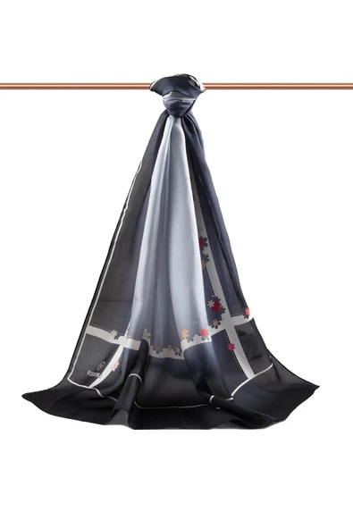 %100 İpek Çiçek Desenli Gri Renkli 92x210 Şal - Resim 2