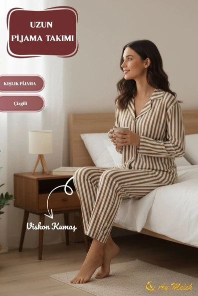 Kadın Pijama Takımı Pamuklu Polo Yaka Çizgili Takım - Resim 10