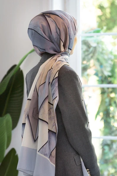 100% İPEK MERMER DESENLİ BEJ - GRİ RENKLİ ŞAL ürün görseli