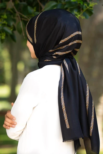 %100 İpek Çizgili Desenli Siyah - Gold Renkli 92x210 Şal - Resim 2