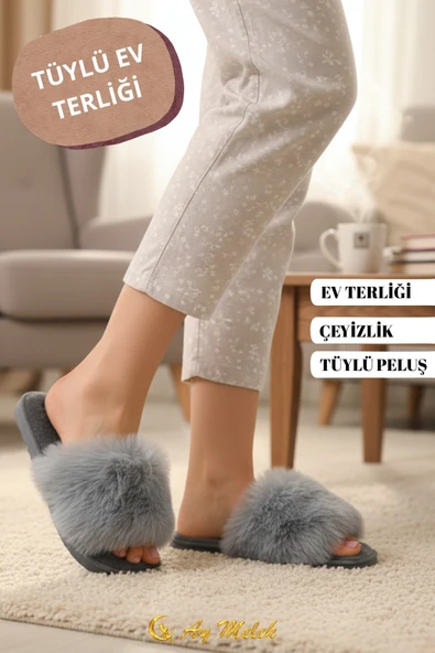 Kadın Ev Terliği Çeyizlik Gül Desenli Tüylü Yumuşak Peluş Terlik ürün görseli