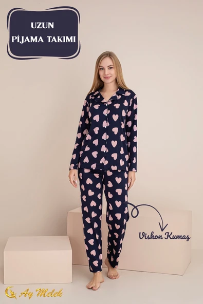 Kadın Pijama Takımı Desenli Pamuklu Polo Yaka Takım - Resim 10