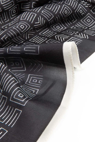 % 100 İPEK ETNİK DESENLİ SİYAH - KREM RENKLİ ŞAL - Resim 4