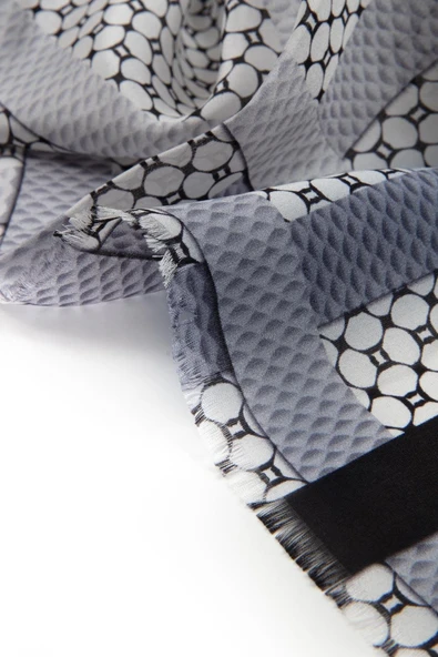 100% İPEK BANT DESENLİ KREM - GRİ RENKLİ ŞAL - Resim 4