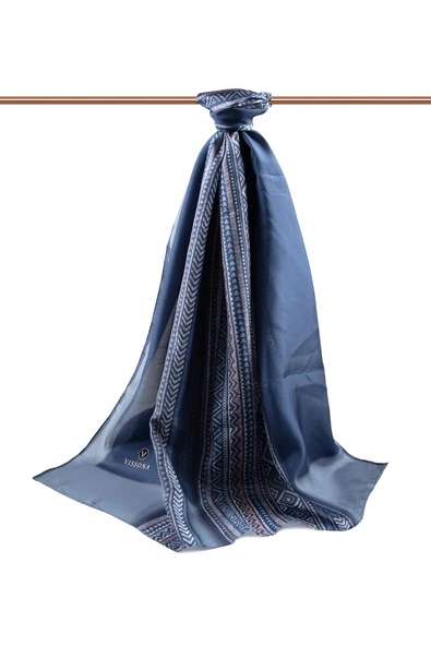 %100 İPEK ETNİK DESENLİ LACİVERT - İNDİGO RENKLİ ŞAL - Resim 2