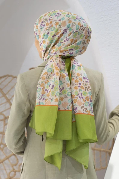 %100 İpek Çıtır Çiçek Desenli Fıstık Yeşili Renkli 92x210 Şal ürün görseli 1