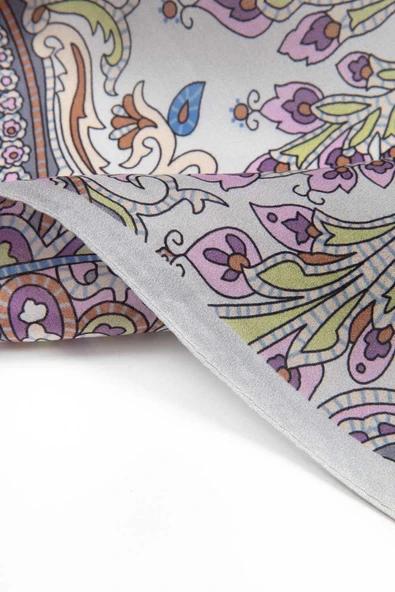 100% İpek Etnik Desenli Gri - Taba Renkli 92x210 Şal - Resim 3