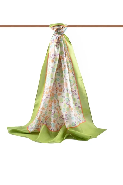 %100 İpek Çıtır Çiçek Desenli Fıstık Yeşili Renkli 92x210 Şal - Resim 2