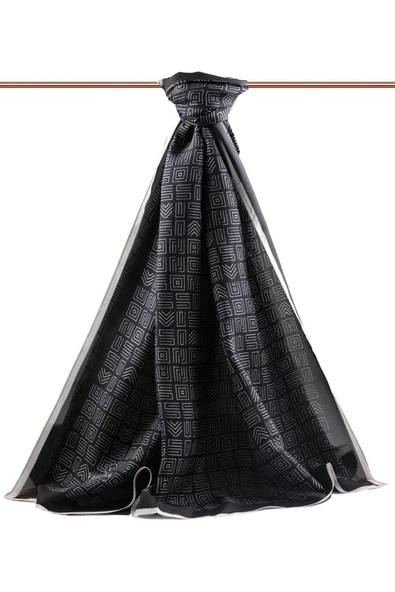 % 100 İPEK ETNİK DESENLİ SİYAH - KREM RENKLİ ŞAL - Resim 2