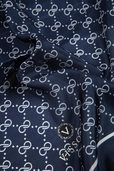 %100 İpek Minik Motif Desenli Lacivert - Krem Renkli 92x210 Şal - Resim 3