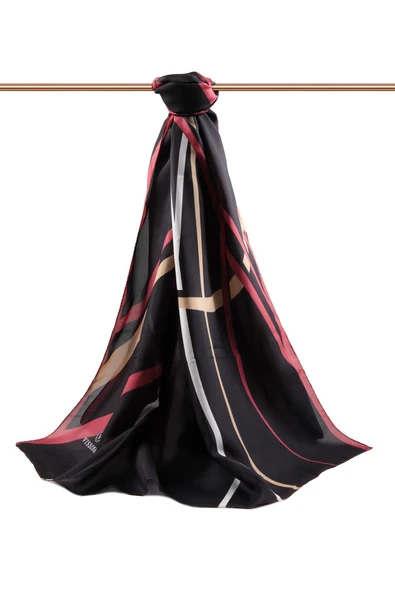 100% İPEK ÇİZGİ DESENLİ SİYAH - BORDO RENKLİ ŞAL - Resim 2
