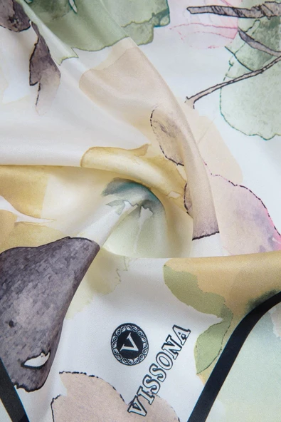 %100 İpek Suluboya Çiçek Desenli Fıstık Yeşili Renkli 92x210 Şal - Resim 3