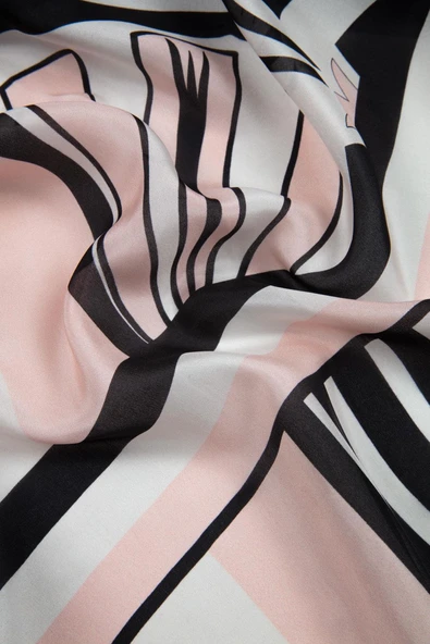 %100 İpek Yelpaze Desenli Pudra - Siyah Renkli 92x210 Şal - Resim 3