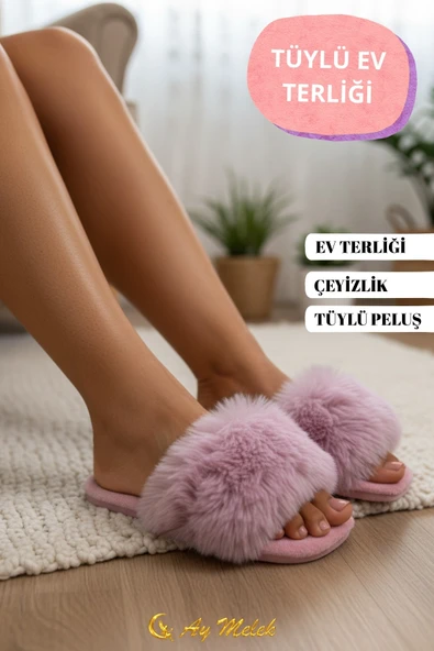 Kadın Ev Terliği Çeyizlik Gül Desenli Tüylü Yumuşak Peluş Terlik - Resim 11