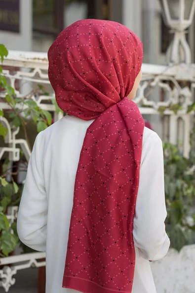 %100 İpek Geometrik Desenli Kırmızı - Siyah Renkli 92x210 Şal - Resim 2