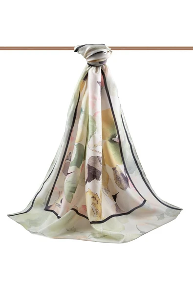 %100 İpek Suluboya Çiçek Desenli Fıstık Yeşili Renkli 92x210 Şal - Resim 2