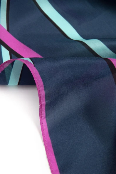 100% İPEK ÇİZGİ DESENLİ LACİVERT - FUŞYA RENKLİ ŞAL - Resim 4