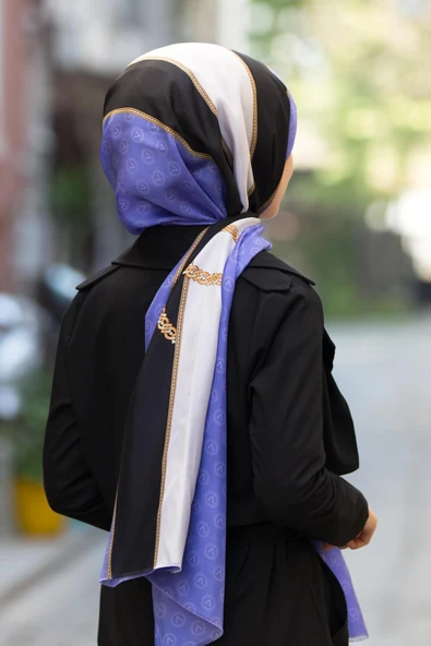 100% İPEK GEOMETRİK DESENLİ MOR - SİYAH RENKLİ ŞAL ürün görseli 1