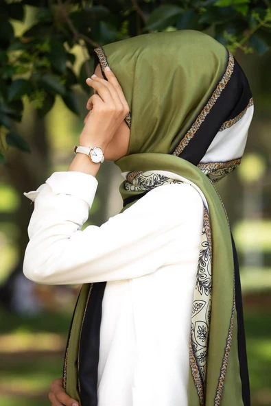 %100 İpek Çizgili Desenli Haki - Siyah Renkli 92x210 Şal - Resim 2