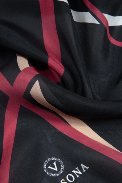 100% İPEK ÇİZGİ DESENLİ SİYAH - BORDO RENKLİ ŞAL - Resim 3