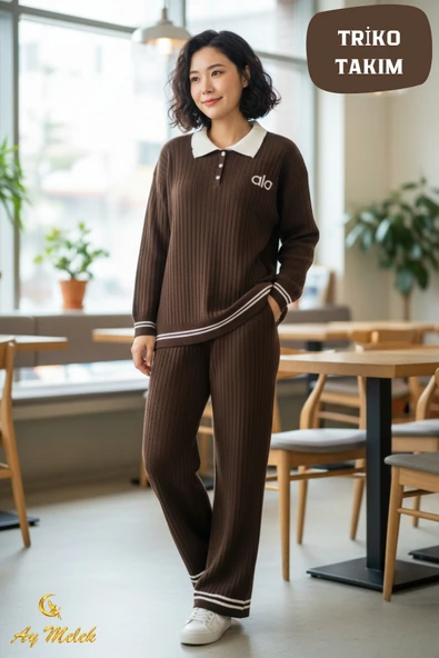 Kadın Triko Takım Düğmeli Çizgi Detaylı Fitilli Polo Yaka Takım - Resim 9