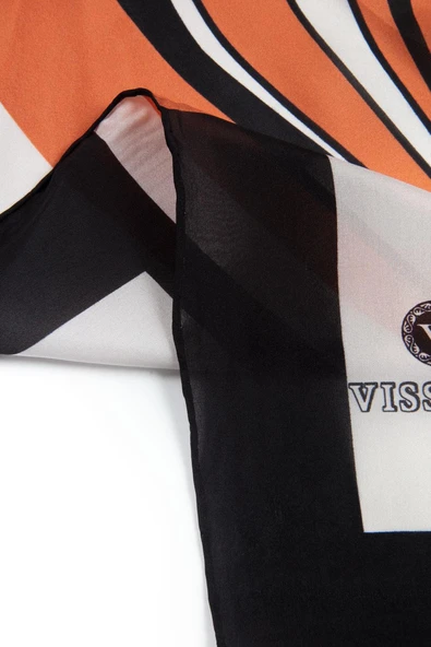 %100 İpek Yelpaze Desenli Taba - Siyah Renkli 92x210 Şal - Resim 5