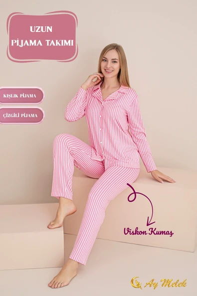 Kadın Pijama Takımı Pamuklu Polo Yaka Çizgili Takım - Resim 5