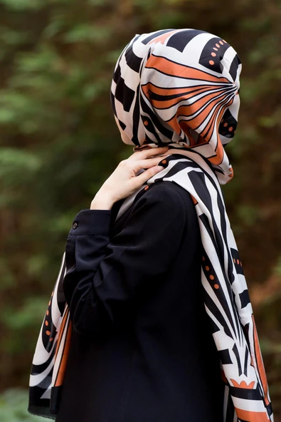 %100 İpek Yelpaze Desenli Taba - Siyah Renkli 92x210 Şal - Resim 2