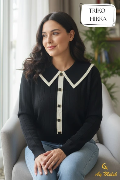 Kadın Triko Hırka Biyeli Geniş Düz Yaka Düğmeli Hırka - Resim 2