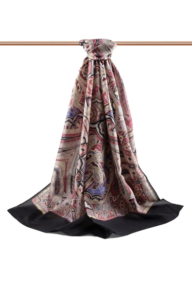%100 İpek Etnik Desenli Siyah Renkli 92x210 Şal - Resim 2