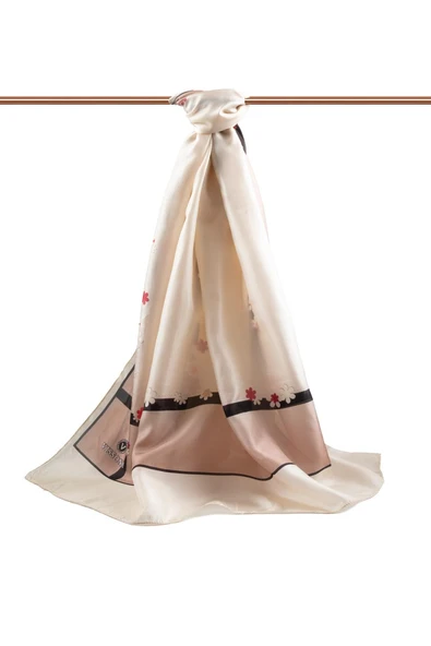 %100 İpek Çiçek Desenli Krem Renkli 92x210 Şal - Resim 2