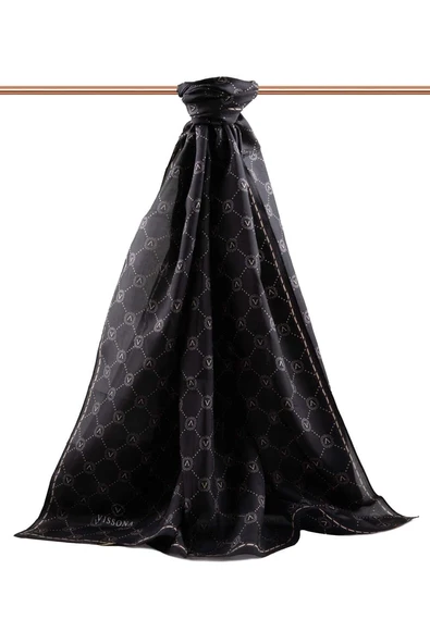 % 100 İpek V Logo Desenli Siyah - Bej Renkli 90x210 Şal - Resim 4