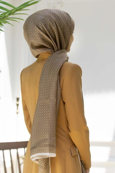 %100 İPEK ZİNCİR DESENLİ VİZON - BEJ RENKLİ ŞAL ürün görseli