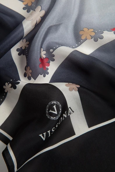 %100 İpek Çiçek Desenli Gri Renkli 92x210 Şal - Resim 3