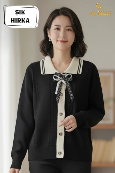 Kadın Triko Polo Yaka Düğmeli Fiyonklu Hırka - Resim 7