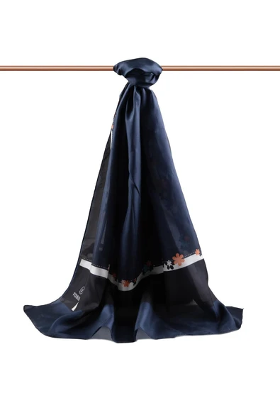 %100 İpek Çiçek Desenli Lacivert Renkli 92x210 Şal - Resim 2