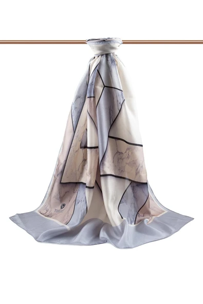 100% İPEK MERMER DESENLİ BEJ - GRİ RENKLİ ŞAL - Resim 2