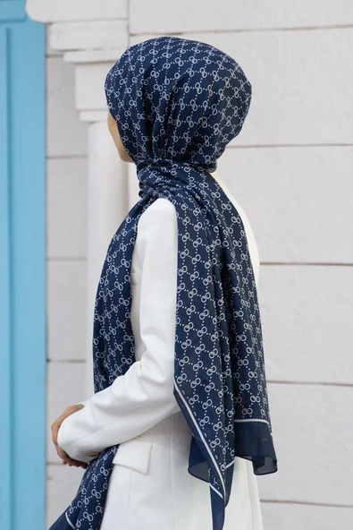 %100 İpek Minik Motif Desenli Lacivert - Krem Renkli 92x210 Şal ürün görseli