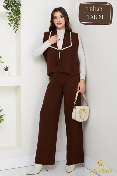 Kadın Triko Takım Şal Yaka Yelekli Pantolon Takım - Resim 11