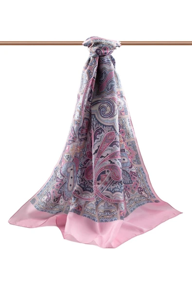 %100 İpek Etnik Desenli Pembe Renkli 92x210 Şal - Resim 2