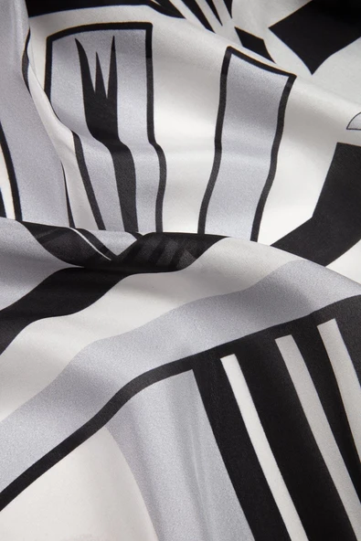 %100 İpek Yelpaze Desenli Gri - Siyah Renkli 92x210 Şal - Resim 4